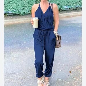 PrettyGarden Navy Sleeveless Wrap Front Jumpsuit Drawstring Waist Size M‎